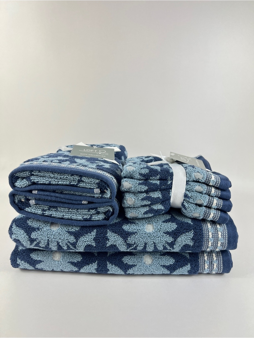 Loft by Loftex Bath Towel Set Navy Light Blue Floral Soft 100% Cotton 8 Pc NEW